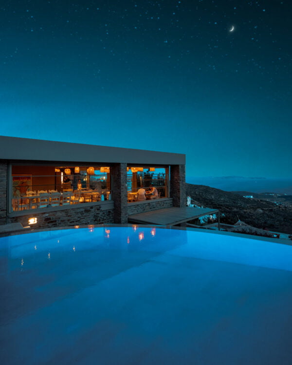 night view of Zoga restaurant and the pool